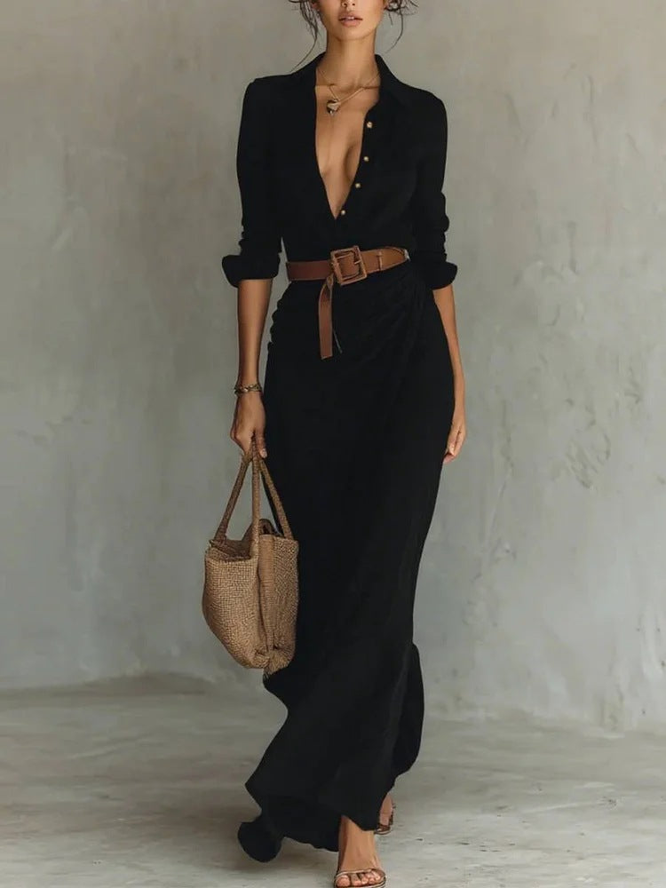 Women's Belted Shirt Maxi Dress
