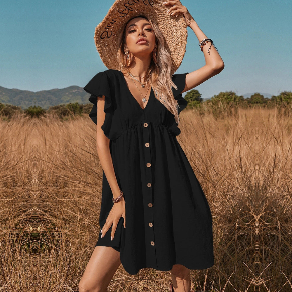 Women's Button-Front Ruffle Sleeve Dress