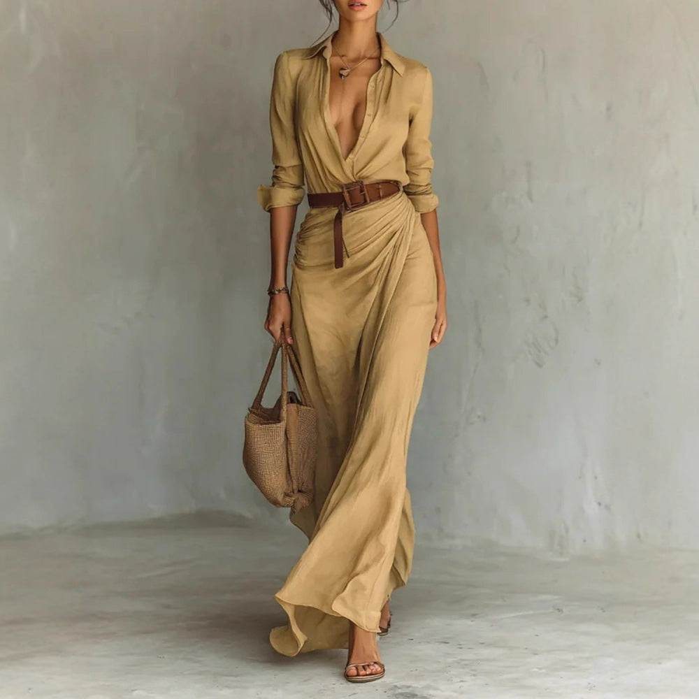 Women's Belted Shirt Maxi Dress