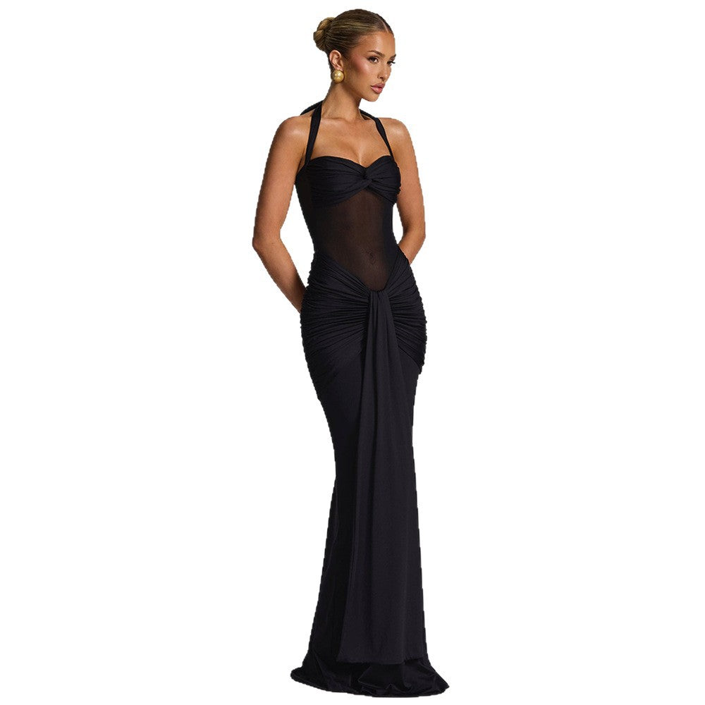 Halter Sheer Panel Maxi Dress