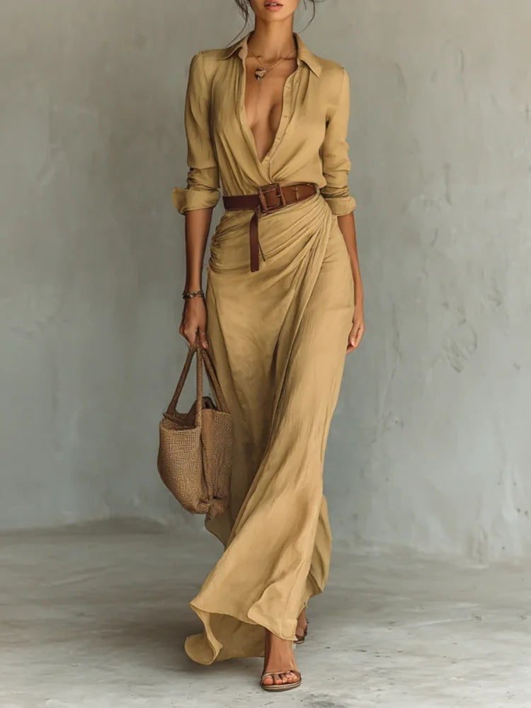 Women's Belted Shirt Maxi Dress