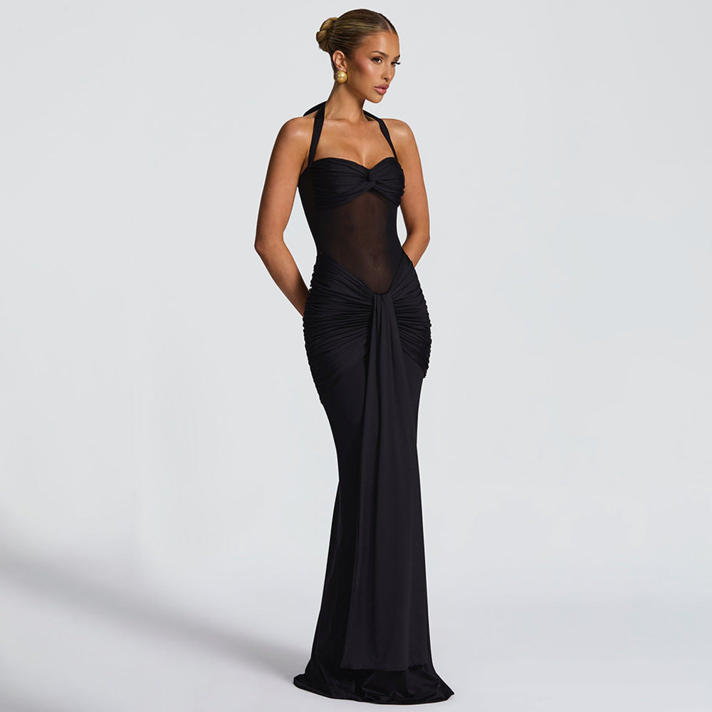 Halter Sheer Panel Maxi Dress