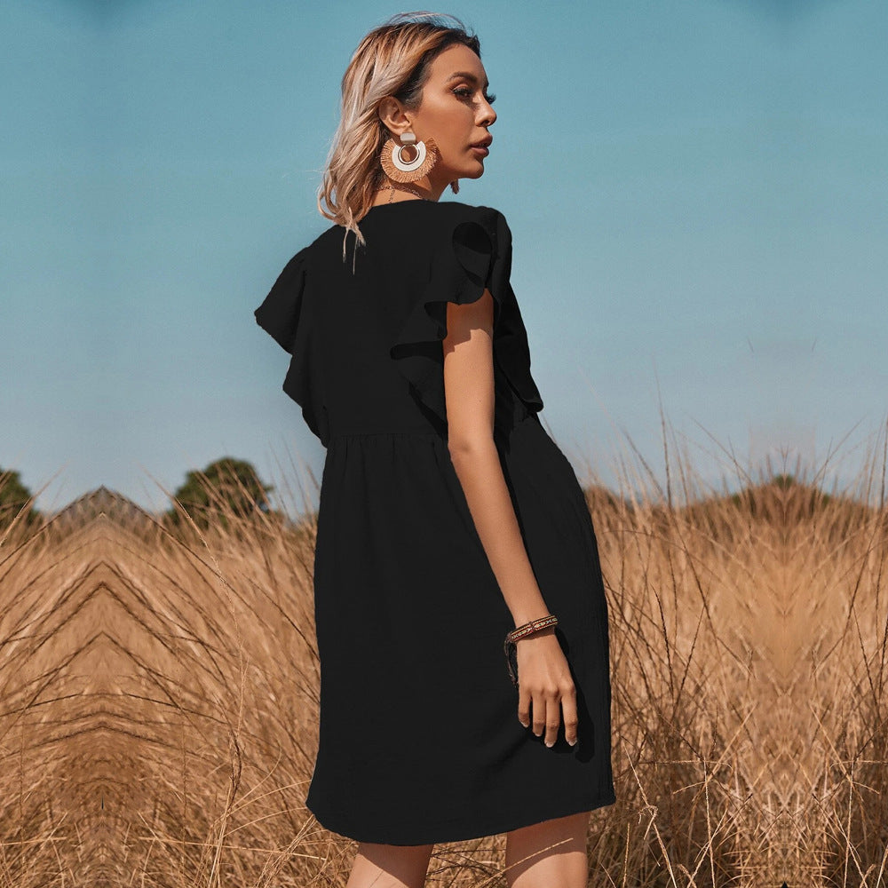 Women's Button-Front Ruffle Sleeve Dress