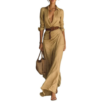 Women's Belted Shirt Maxi Dress