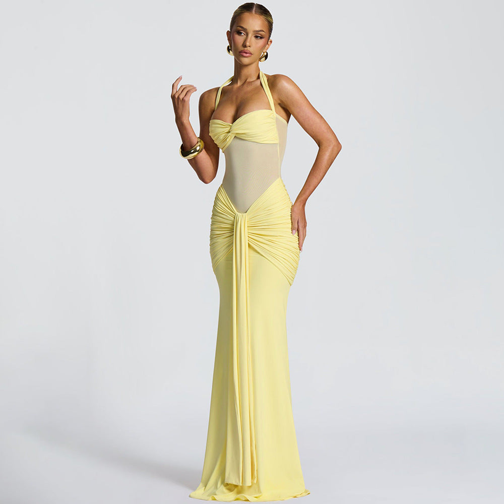 Halter Sheer Panel Maxi Dress