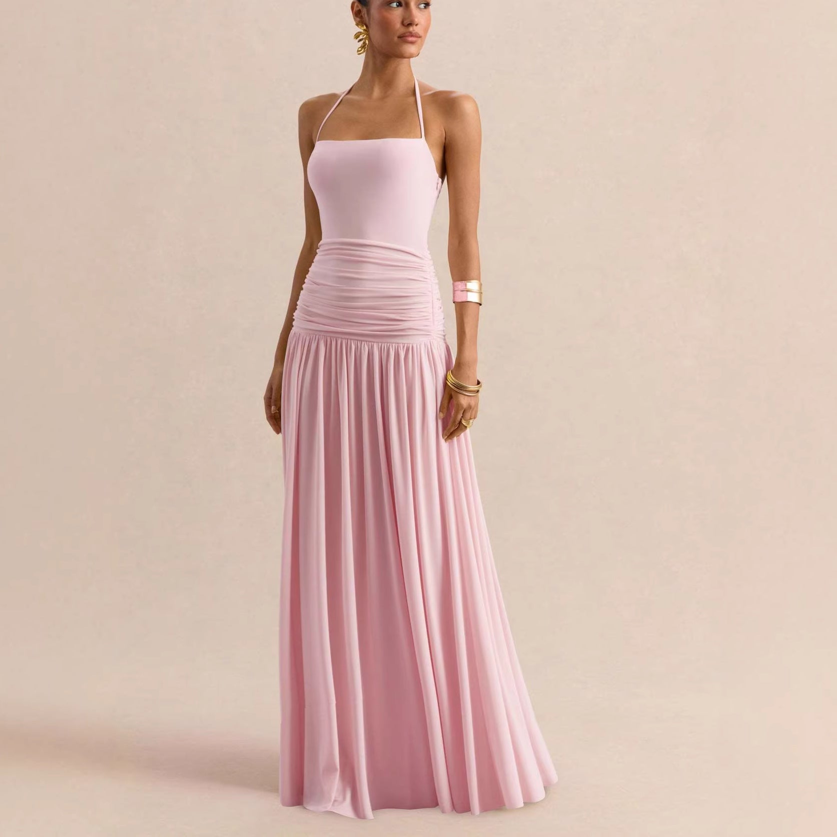 Women's Halter Ruched Maxi Dress