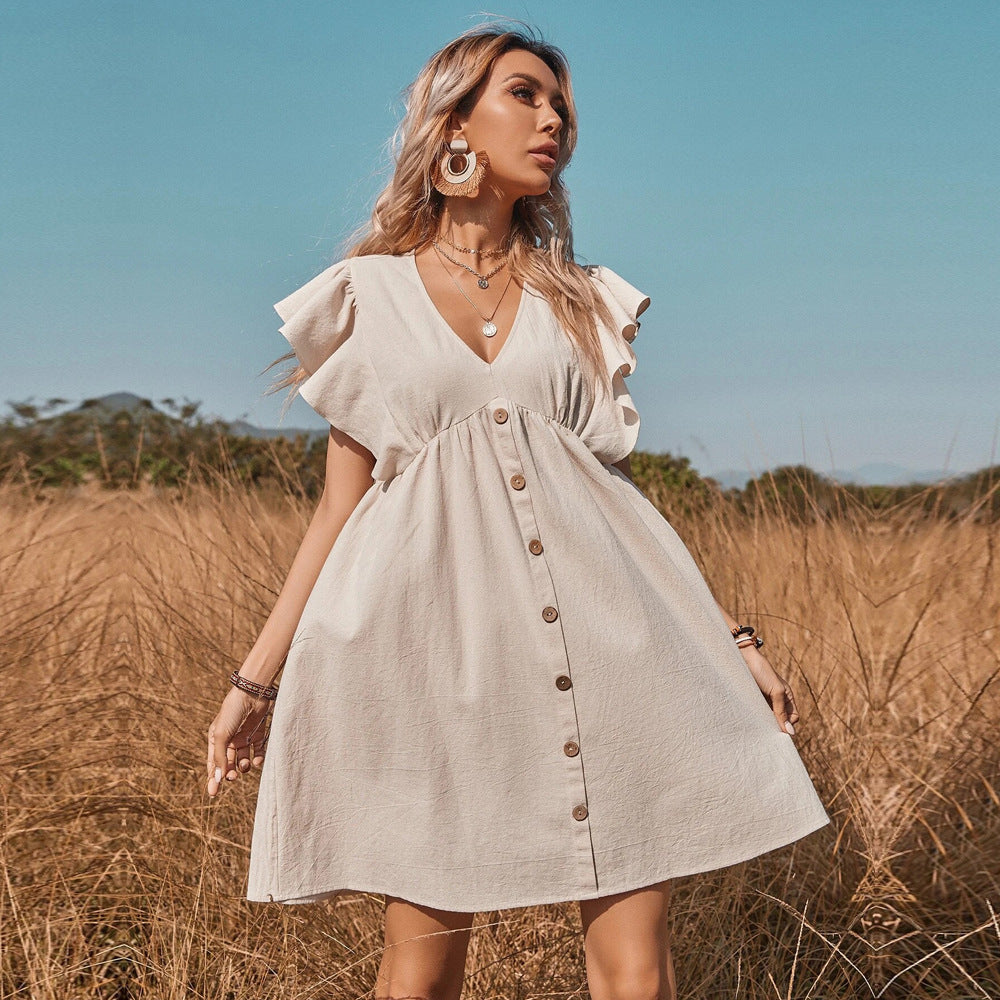Women's Button-Front Ruffle Sleeve Dress